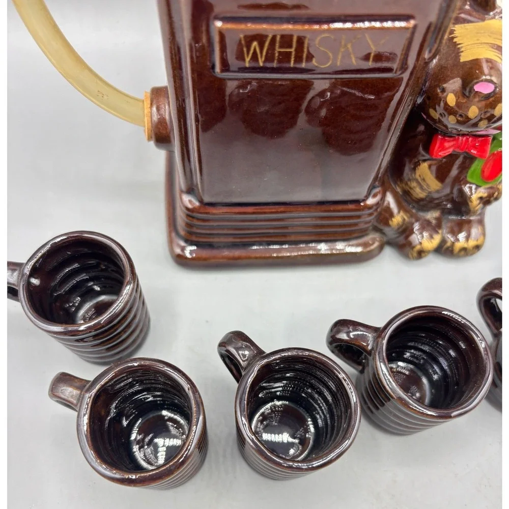 Vtg Gas‎ Pump Whiskey Decanter Set Ceramic Hippo Attendant 6 Shot Glasses EMPTY